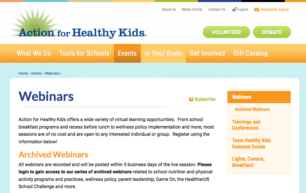 Photo of the Action for Healthy Kids Website- Webinars page